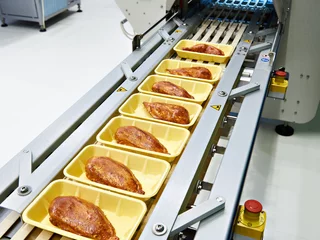 Crédence de cuisine en verre imprimé Viande Food products meat chicken in plastic pack on conveyor