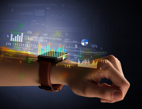 Cloe up naked female hand with smartwatch with financial symbols around