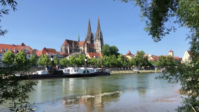Danube river and the Regensburg Cathedral in Regensburg, Germany
