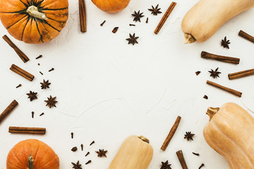 Flat lay frame arrangement of various pumpkins, anise stars and cinnamon sticks on white cement...