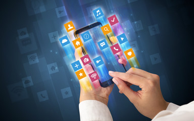 Female hand using smartphone with colorful angular fast switching application icons around