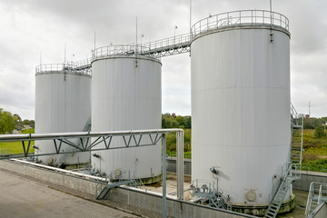 Exterior of oil storage tanks on the agricultural plant.