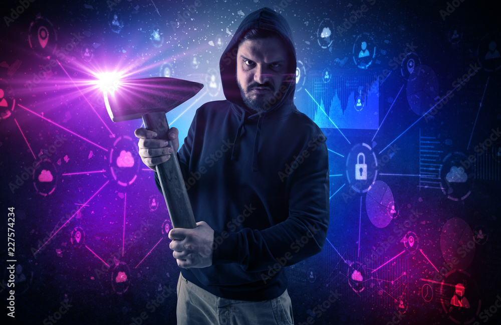 Poster armed burglar in dark secured database network cloud and report concept