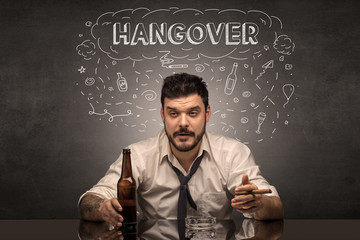 Loser drunk man with drinking, drug, hangover, alcoholic drugs concept
