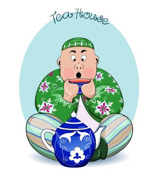 Asian man sitting and drinking tea from the traditional asian teapot. Cartoon character. Vector illustration. 