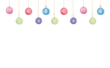 Christmas ornaments watercolor background, space for your text.