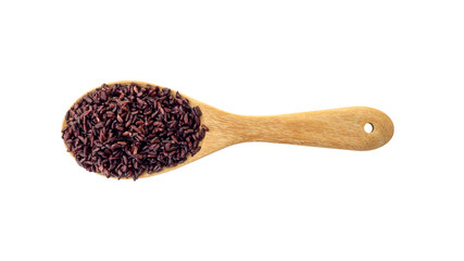 Riceberry on a wooden ladle on a white background.