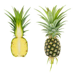 close-up of natural fresh fruit of pineapple, isolated on white background with clipping path