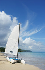 Catamaran sailboat on a tropical beach