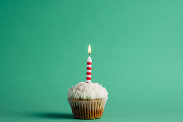 Birthday cupcake on a green background