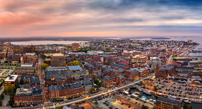 Aerial Panorama Of Portland, Maine At Dusk