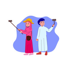 Two Arabian Teen, Male And Female Selfie Making Vlog Doodle Flat Vector Illustration