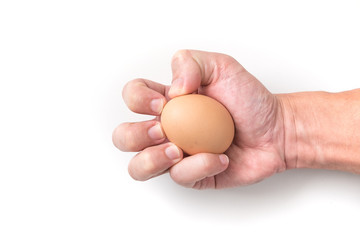 Hand squeeze egg with painful face on white background for emotional concept