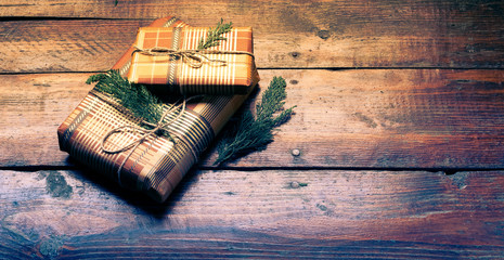 christmas gifts on wooden table