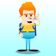 Schoolboy threatening someone, shakes his fist at viewer. Vector cartoon character illustration.