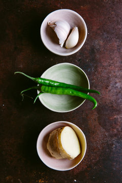 Garlic, ginger and green chilli