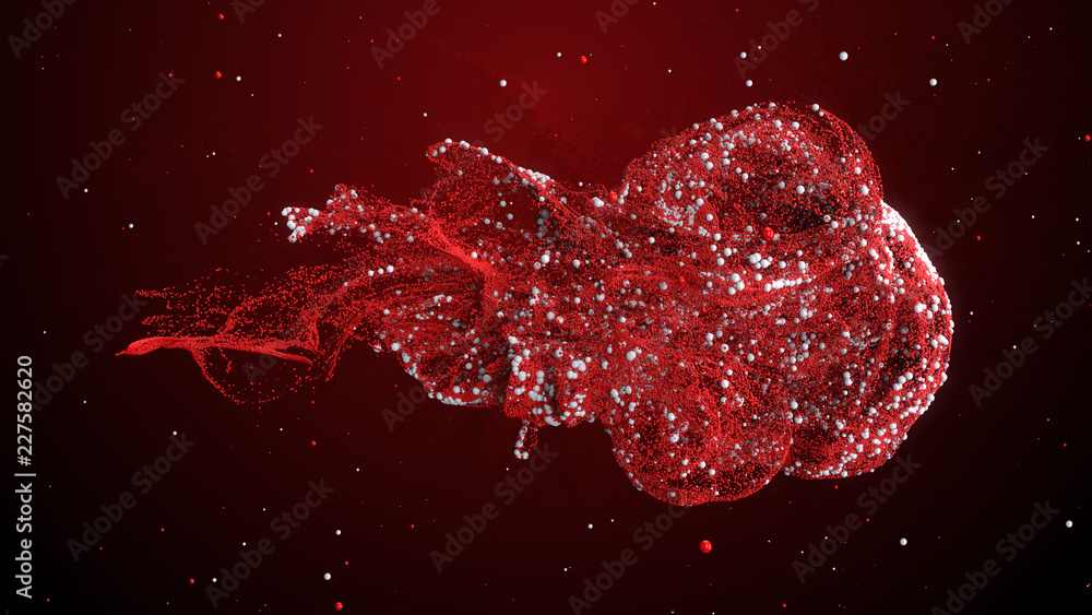Poster ..3d render abstract background with complex particle simulation. twirl, curl and turbulence affect 