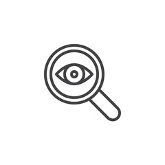 Magnifier with eye outline icon. linear style sign for mobile concept and web design. Eye test simple line vector icon. Symbol, logo illustration. Pixel perfect vector graphics