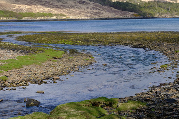 The river winds into the bay at Kinloch on the Isle of Rum