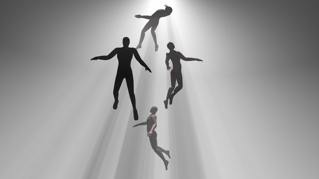 People floating, rising into light beams , heavens, space. Astral plane.Silhouette, shadow figure. 3d rendering