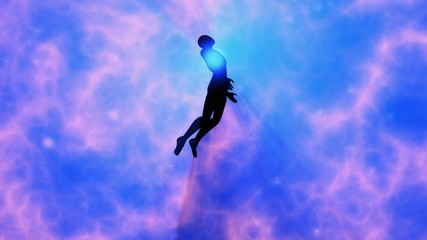 Fototapeta na wymiar Man floating, rising into space , heavens. Astral plane. Silhouette. 3d rendering