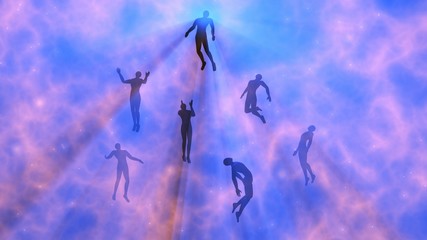 Fototapeta na wymiar People floating, rising into space , heavens. Astral plane.Silhouette.3d rendering