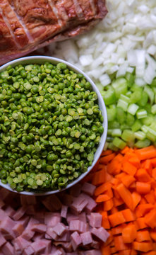 Overhead view of ingredients for pea soup