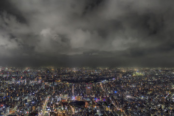 Up view of big metropolis city at night with many lights