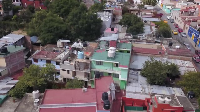Aerial shot over Oaxaca City in Oaxaca, Mexico on a sunny day.