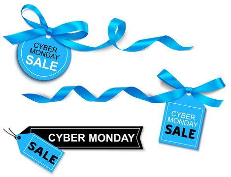 Decorative horizontal blue ribbon with bow and sale tag for cyber monday sale design. Vector decorations and labels isolated on white background