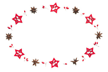 Christmas Frame With Anise, Stars And Red Berries On White background