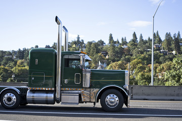 Green classic big rig semi truck profile with high vertical exhaust pipes