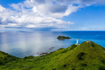 Fototapeta premium Top view of Cape Hirakubozaki in Ishigaki island with sunshine