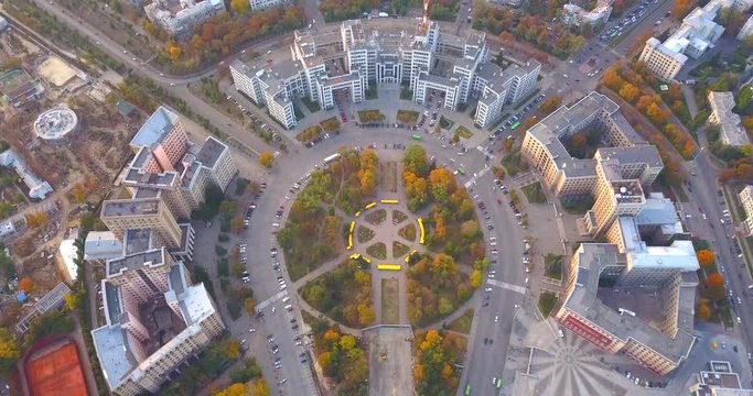 Aerial view on the Derzhprom or Gosprom building is a constructivist structure located in Freedom Square, Kharkiv, Ukraine