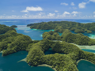 Aerial shot of Palau Rock islands and marine lake