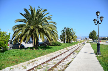 Fototapeta premium Palm trees across old railway station and iron switch near Nafplio city,Peloponnese ,Greece