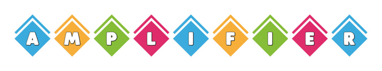 Amplifier - typography in multi-colored boxes on white background