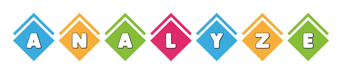 Analyze - typography in multi-colored boxes on white background