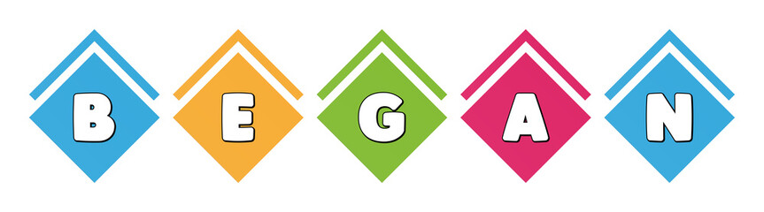 Began - typography in multi-colored boxes on white background