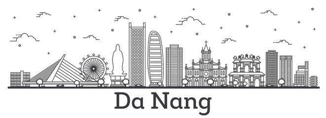 Outline Da Nang Vietnam City Skyline with Historic Buildings Isolated on White.