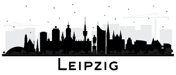 Obraz premium Leipzig Germany City Skyline Silhouette with Black Buildings Isolated on White.