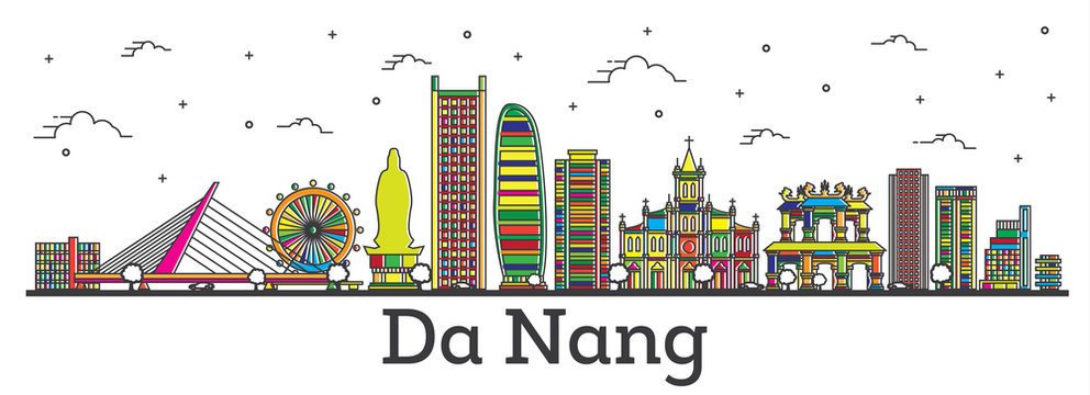 Outline Da Nang Vietnam City Skyline with Color Buildings Isolated on White.
