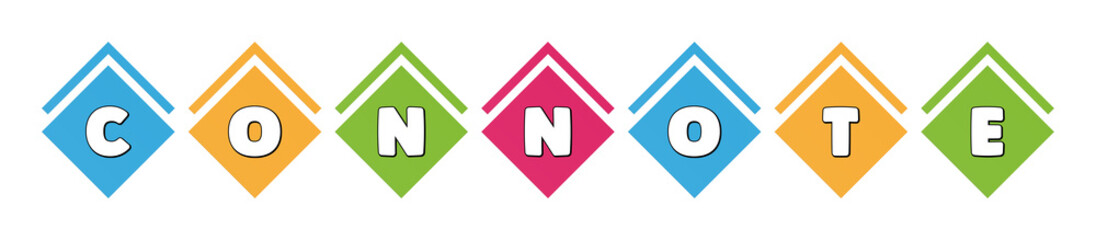 Connote - typography in multi-colored boxes on white background