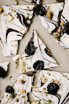 Chocolate Bark with bing cherries and pistachio nuts