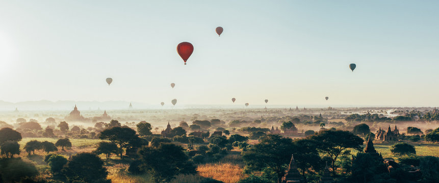 Hot-Air Balloons Flying Over Bagan Pagodas in Myanmar (Burma)
