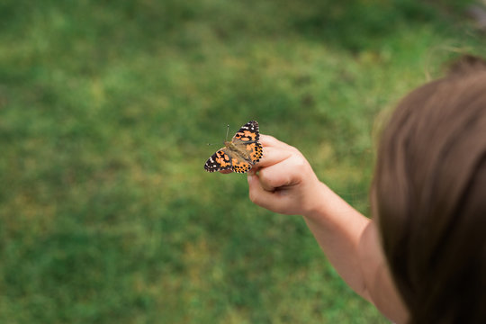 young girl releasing butterfly