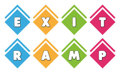 Exit Ramp - typography in multi-colored boxes on white background