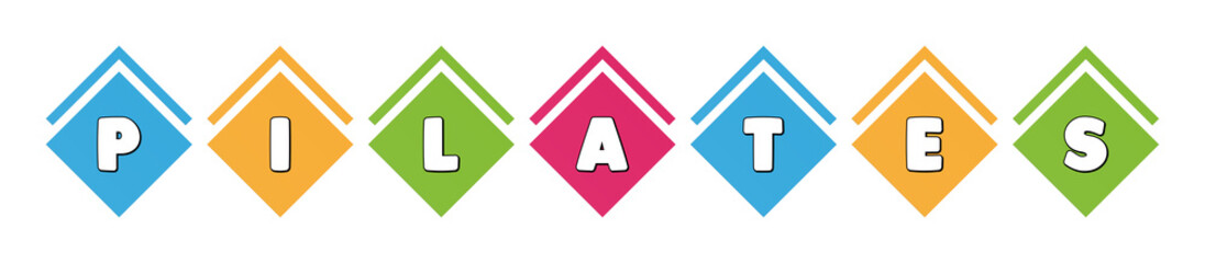 Pilates - typography in multi-colored boxes on white background