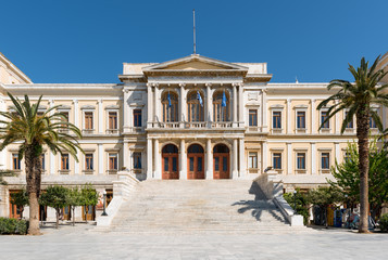 Syros capital of Cyclades Islands and the beautifull new Classic municipal building.Aegean sea,Greece