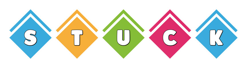 Stuck - typography in multi-colored boxes on white background